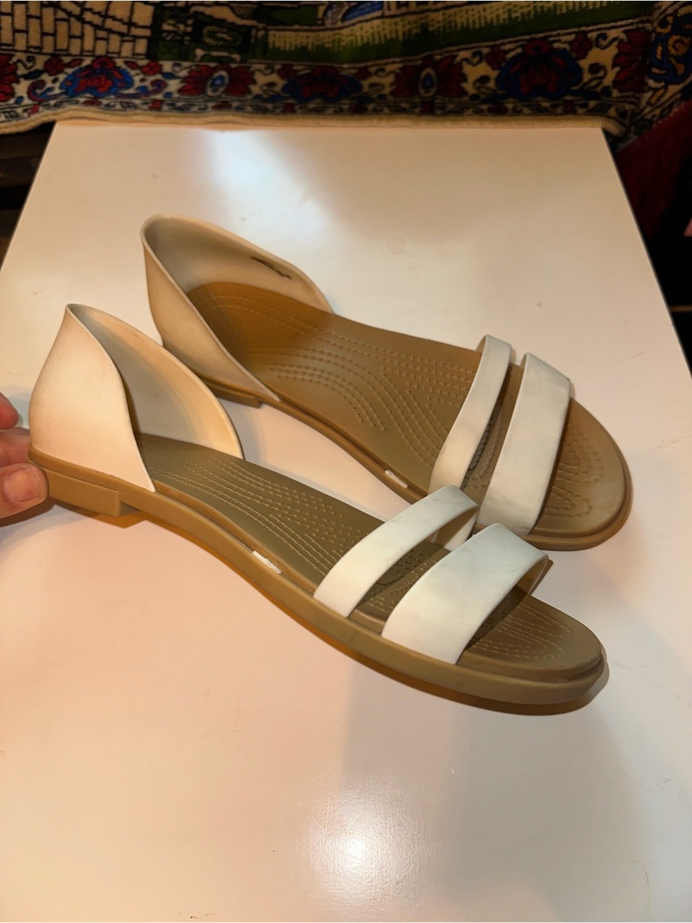 CROCS Women's White Two-Strap D'Orsay Sandals with Tan Footbed